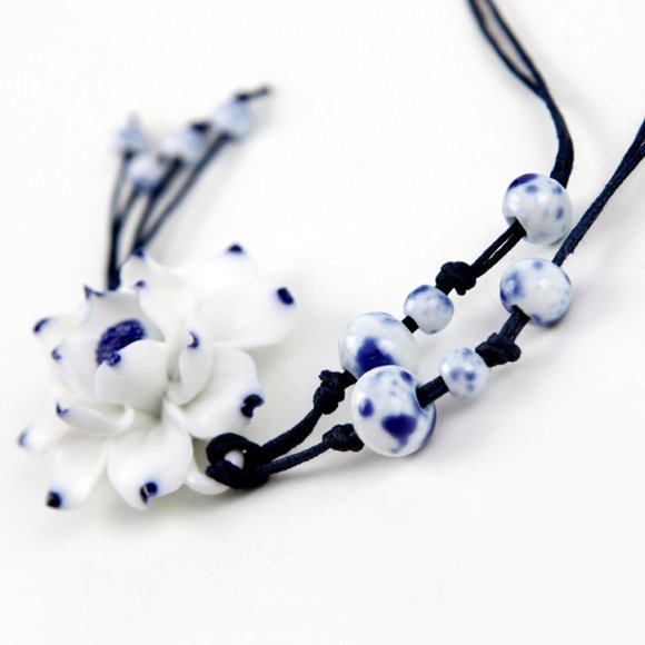 Ceramic Bead Charm Leaf Necklace BOHO Cord - Picture 6 of 9